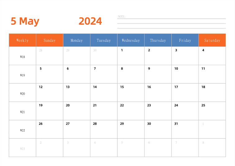 2024年日历台历 英文版 横向排版 带周数 周日开始
